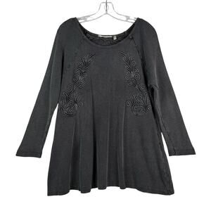 Soft Surroundings Camden Waffle Knit Floral Embroidered Tunic Top Gray Womens XL